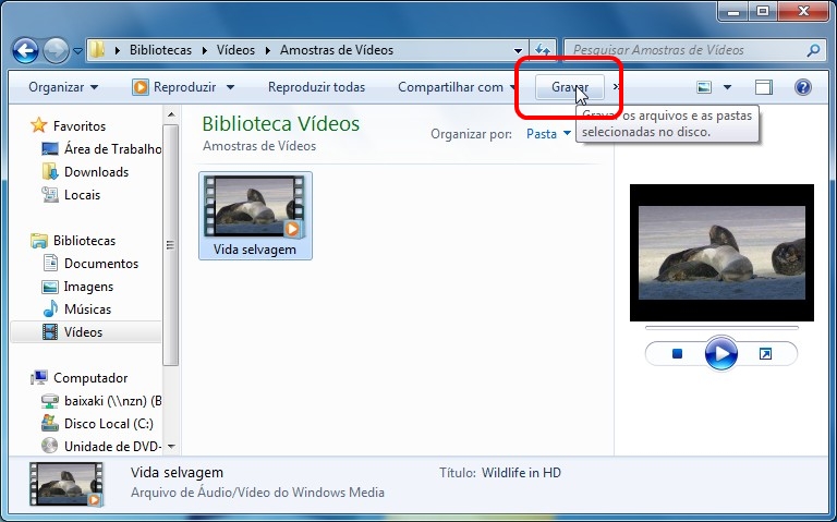 Selecione os arquivos para a grava��o.