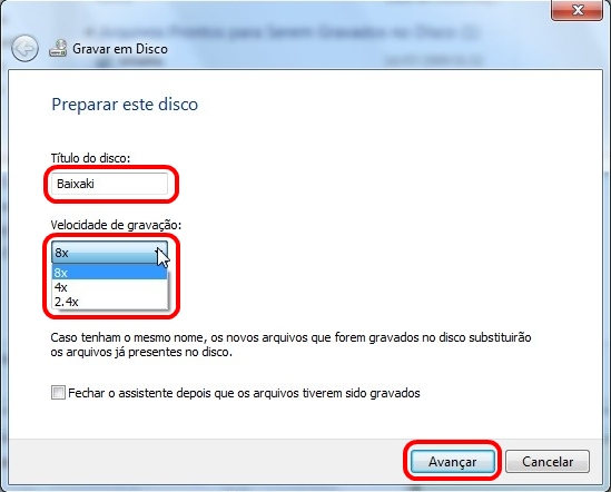 Escolha a velocidade de grava��o.