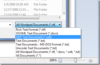 WordPad do Windows 7 permite salvamento em OOXML e OpenDocument